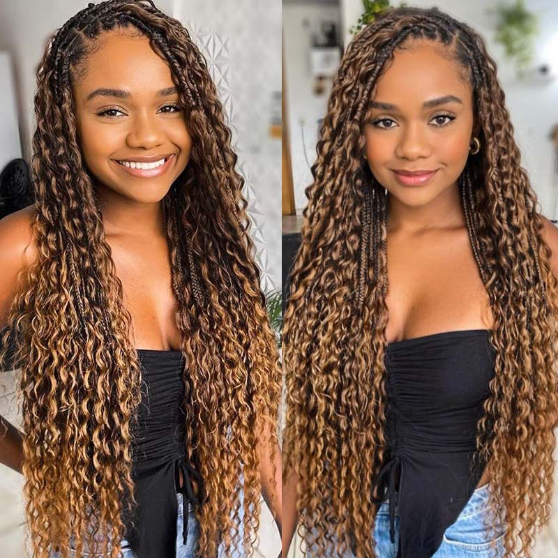 Woman Showcasing P4/27 Honey Blonde Highlight Deep Wave Hair Extensions
