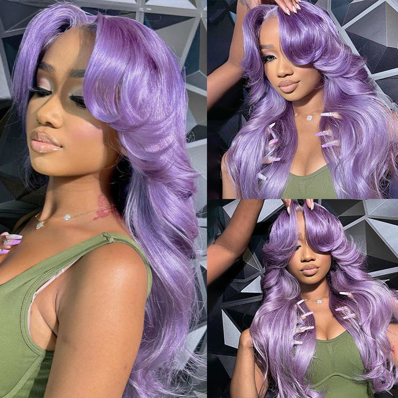 Collage featuring Ishow light purple lavender body wave human hair wig on a model and a mannequin, showcasing the wig's body wave texture, natural hairline, and 13x4 lace front with middle part.