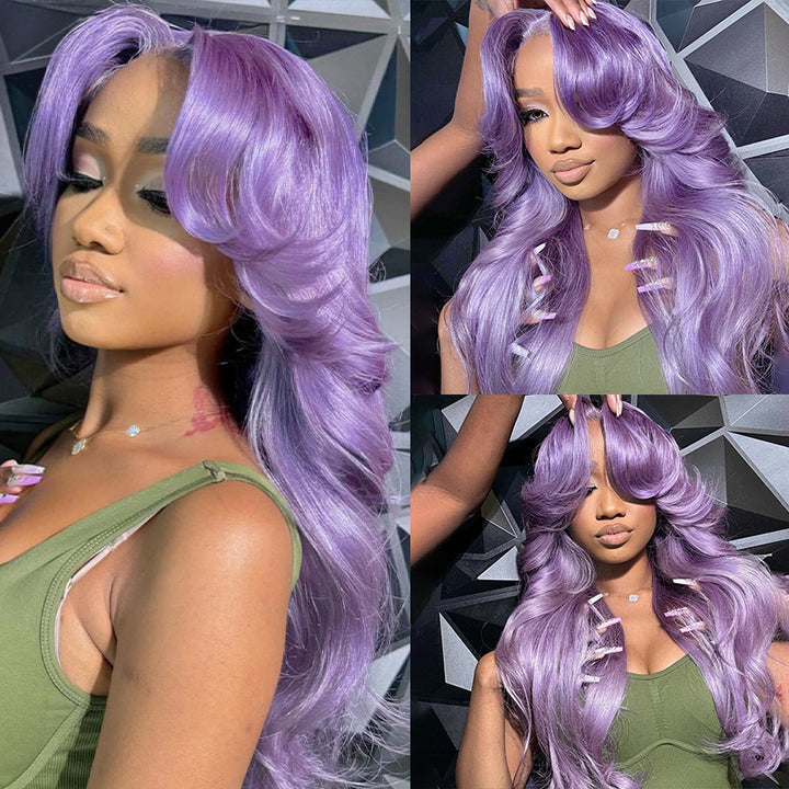 Collage featuring Ishow light purple lavender body wave human hair wig on a model and a mannequin, showcasing the wig's body wave texture, natural hairline, and 13x4 lace front with middle part.