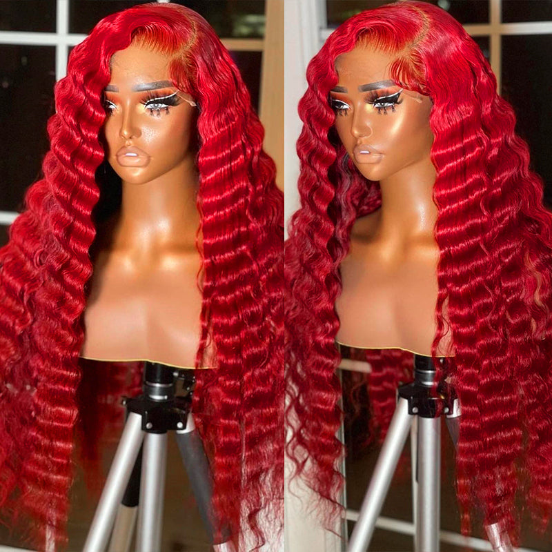Model Wearing Ishow Pre Plucked Red Deep Wave Lace Front Wig