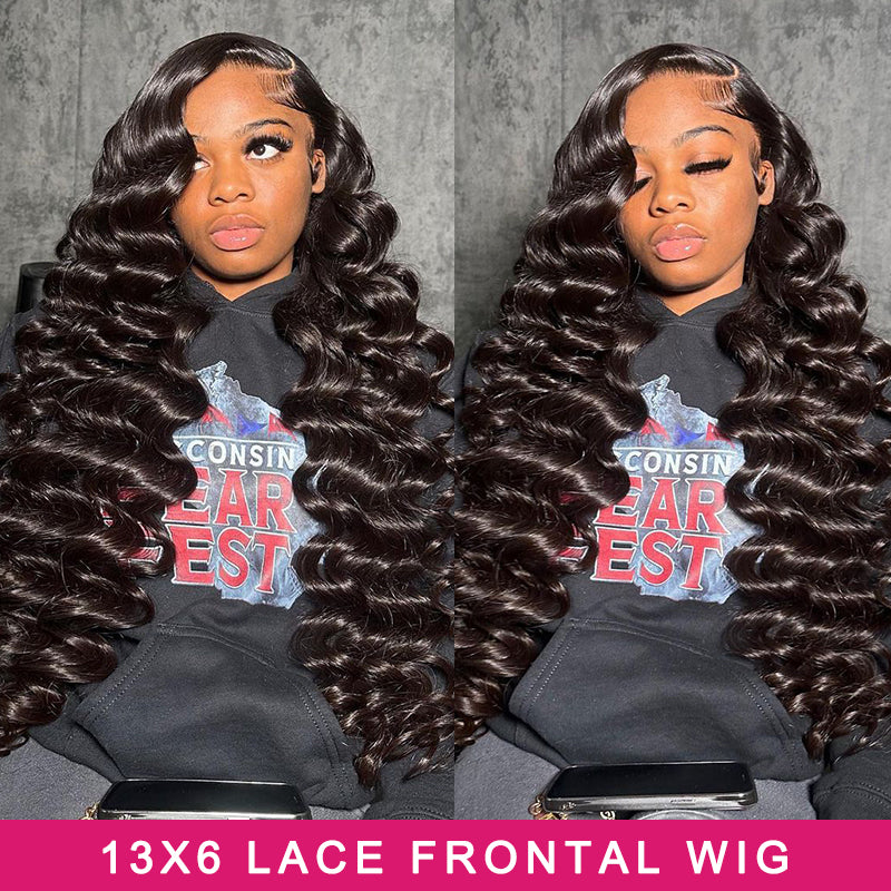 Model Wearing Loose Deep Wave 13X6 Lace Frontal Wig in Natural Black Color