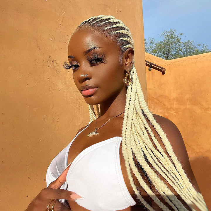 Blonde Braided Hair Extensions On a Woman, 613 Blonde Color