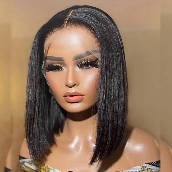 Glueless Straight Lace Part Short Bob Wig in Natural Black On Mannequin