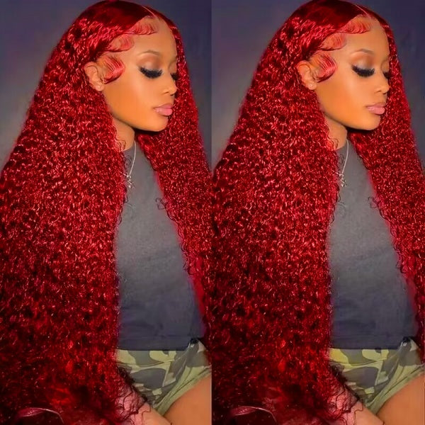 Model Demonstrating Long Red Kinky Curly Lace Front Wig With Baby Hair