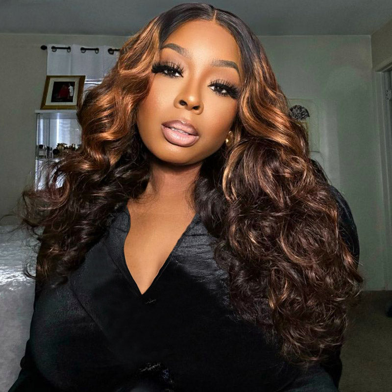 Auburn Brown Ombre Highlights On Body Wave Lace Frontal Wig Worn By a Model