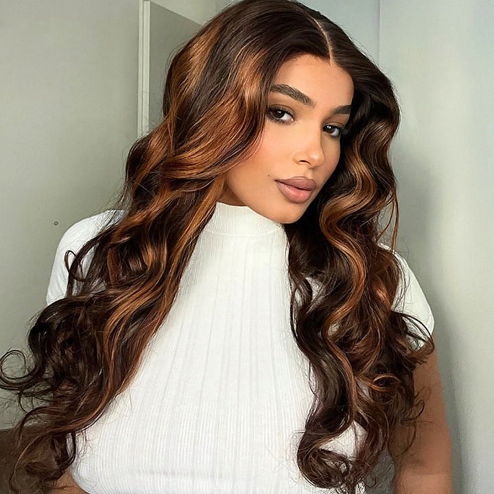 Ishow Beauty Auburn Brown Ombre Highlights body wave human hair lace frontal wig displayed on a model and mannequin from various angles, showcasing natural waves and pre-plucked hairline.
