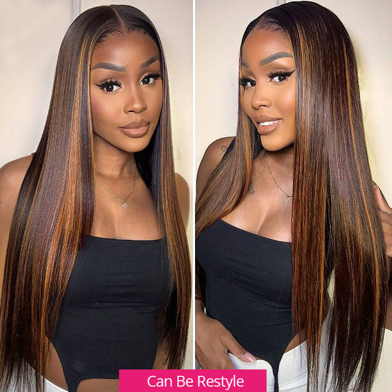Model Showcasing Body Wave Lace Frontal Wig With Auburn Brown Ombre Highlights