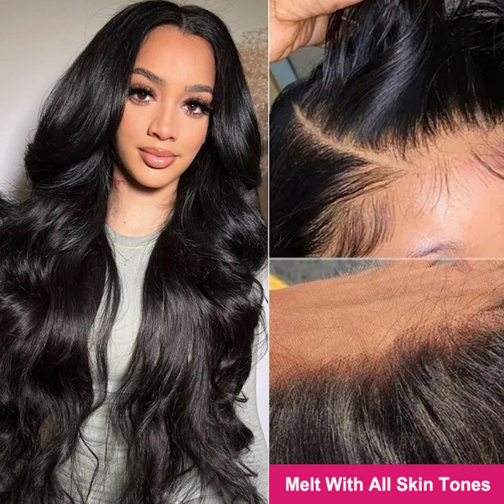 Model Flaunting Glueless Body Wave Wig, Showcasing Natural Hairline and Shine