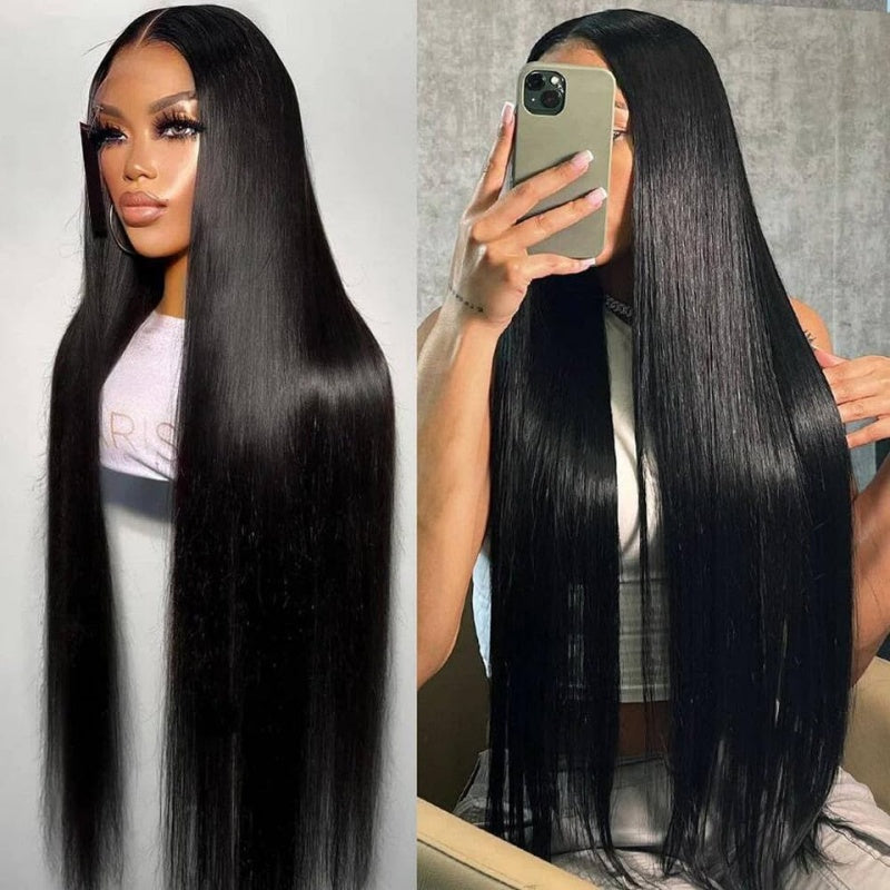 Straight Long Human Hair Wig On Mannequin and Model With Glossy Natural Black Finish