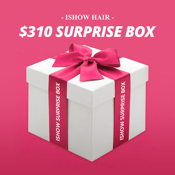Ishow Beauty $310 Surprise Box with a white gift box and a pink ribbon, offering 3 lace wigs