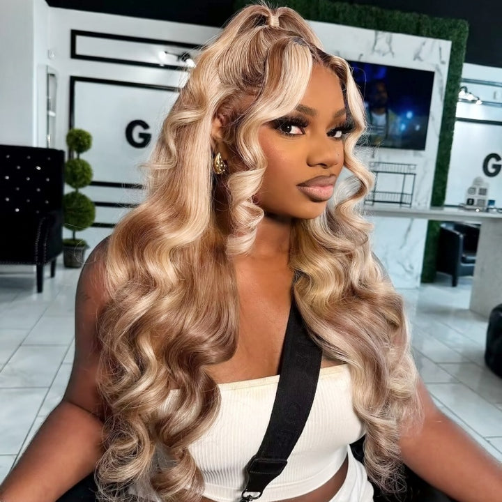 Model With Body Wave Brown and Blonde Highlights Wig Styled in Loose Curls