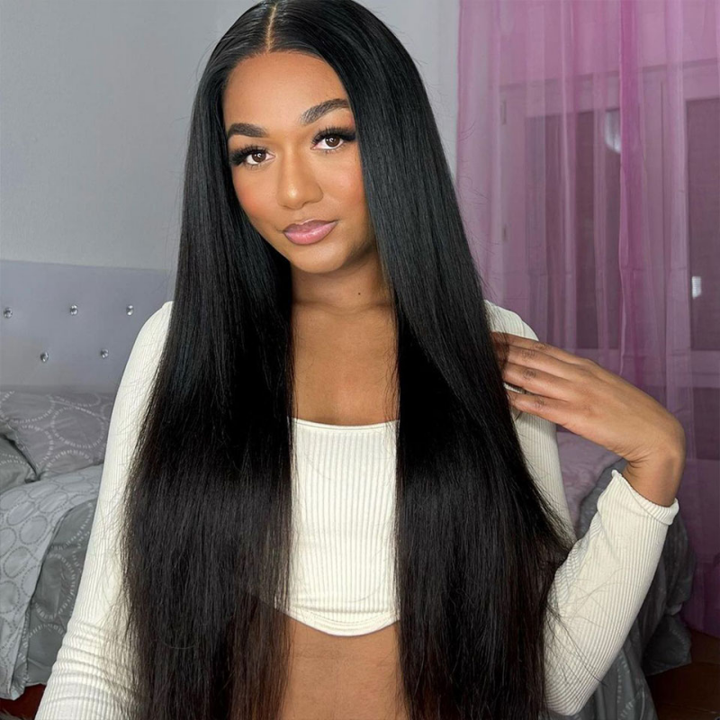 Sleek Long Straight Human Hair Wig On Model With Natural Black Color