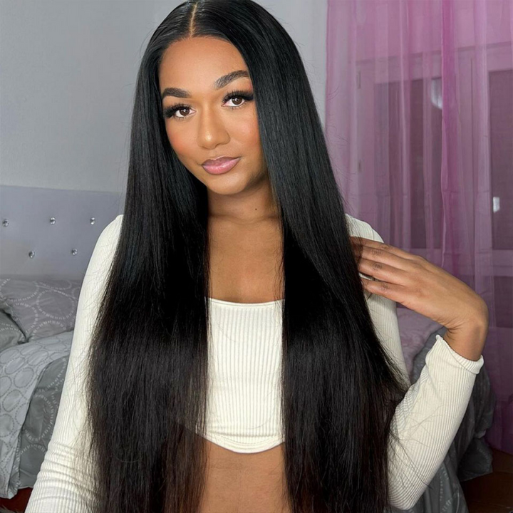 Sleek Long Straight Human Hair Wig On Model With Natural Black Color