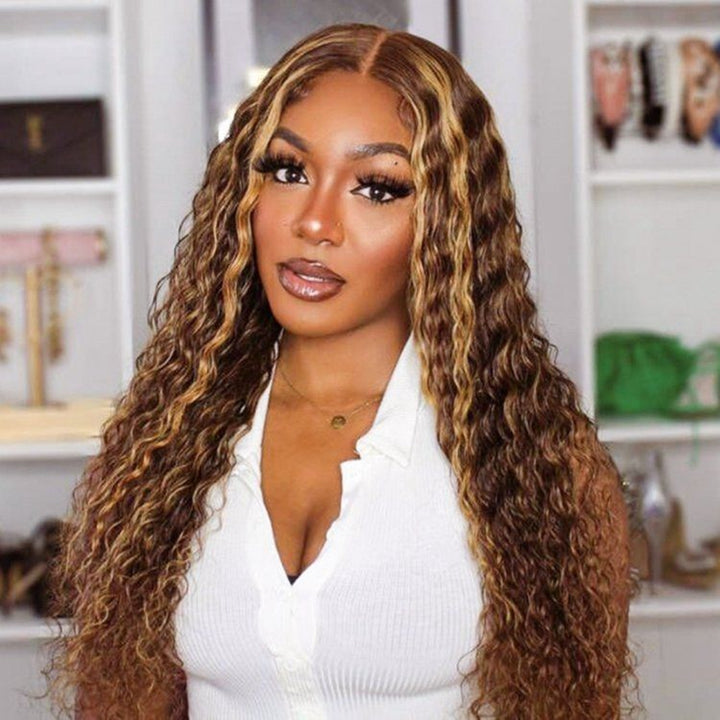 Honey Blonde Highlights Lace Front Wig in Soft Waves Worn By Model in White Top