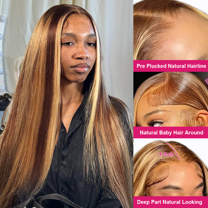 Ishow Honey Blonde 4x4 Lace Closure Human Hair Wigs Color P4/27 Straight and Body Wave Lace Wig - IshowHair