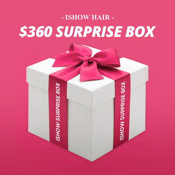 Ishow Hair $360 Surprise Box promotion with a white gift box wrapped with a pink ribbon and bow.