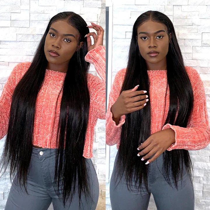Model Flaunting Long Straight Black Hair in a Cozy Pink Sweater