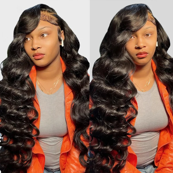 Woman wearing Ishow natural black loose deep wave wig with side part, dressed in brown top and blue jeans, showcasing long, voluminous curls in three different views.