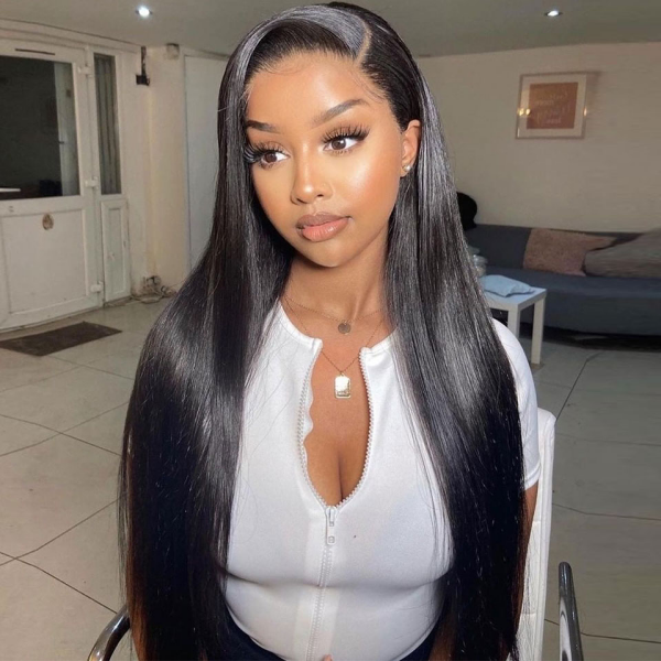 Woman With Sleek Long Straight Natural Black Hair Wig Styled Elegantly