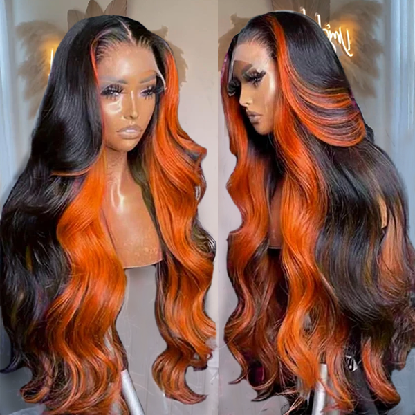 Highlighted Ginger Black Body Wave Wig Displayed On Mannequin Side Views