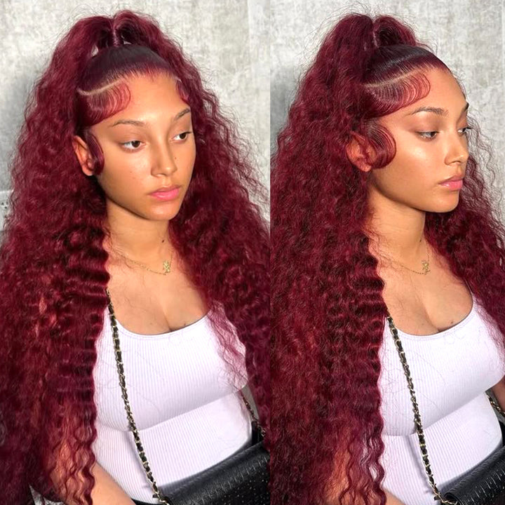 32-Inch 99J Burgundy Deep Wave HD Lace Frontal Wig Displayed On Mannequin and Model