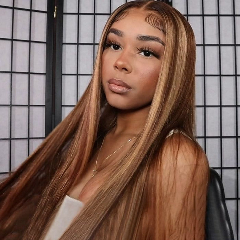 Straight Honey Blonde Highlights Lace Front Wig On Model With Natural Makeup