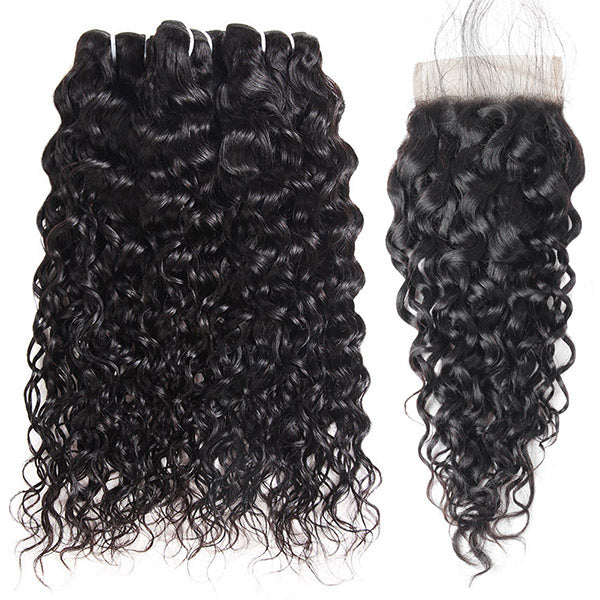 Water Wave Hair Bundles With 4X4 Lace Closure in Natural Black Color