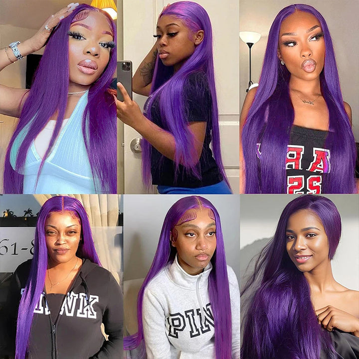 Collage of Models Showcasing Dark Purple Straight Lace Front Wig in Various Styles and Angles