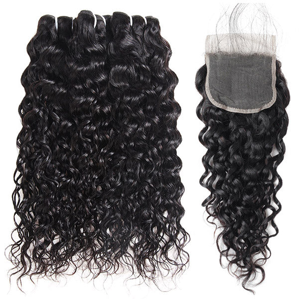 Indian human hair water wave bundles arranged flatly, showing tightly coiled, natural-looking curls with a shiny, smooth, and bouncy texture.
