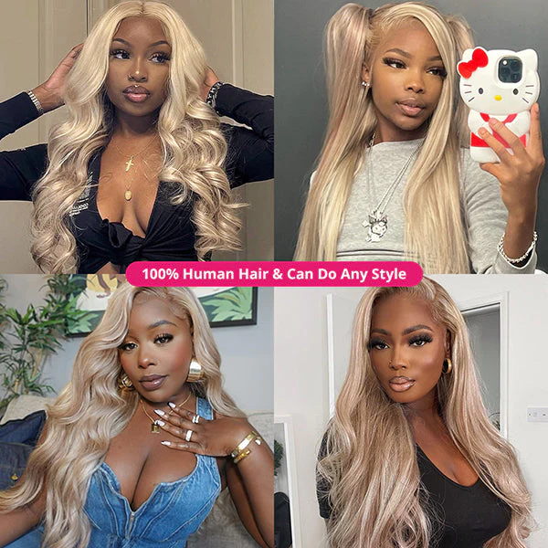 Four Models With Long Blonde Human Hair Wigs in Various Styles and Poses