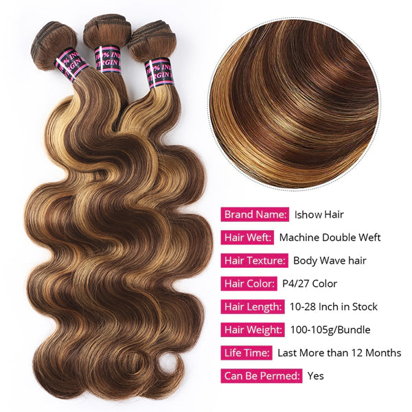Three Bundles of Honey Blonde Body Wave Hair Extensions Labeled With Details