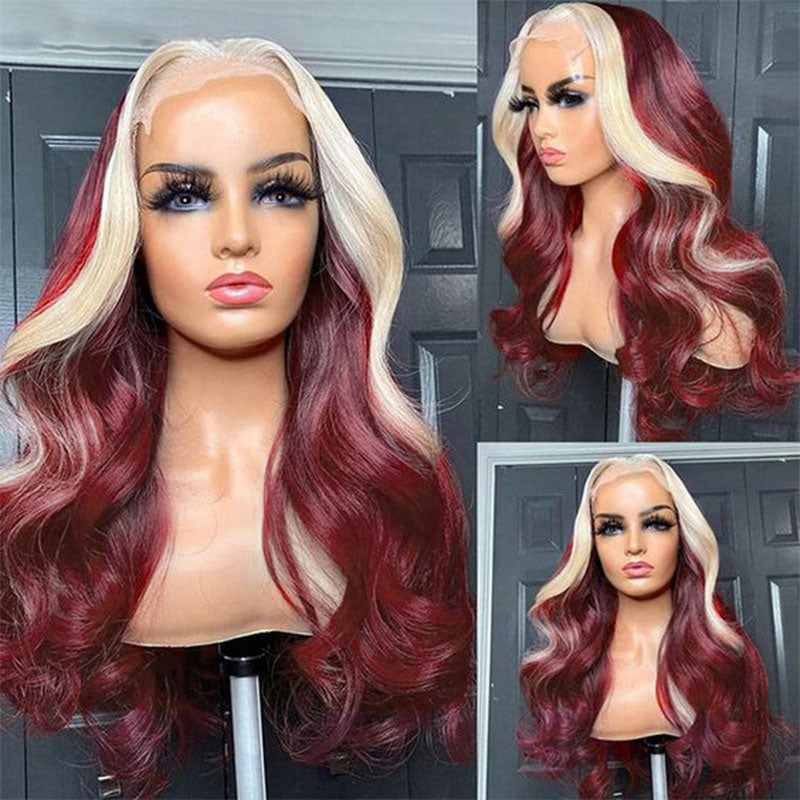 13x4 HD Transparent Lace Front Wigs Body Wave 99J Burgundy With 613 Blonde Highlight Wigs