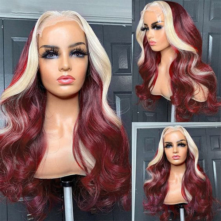13x4 HD Transparent Lace Front Wigs Body Wave 99J Burgundy With 613 Blonde Highlight Wigs