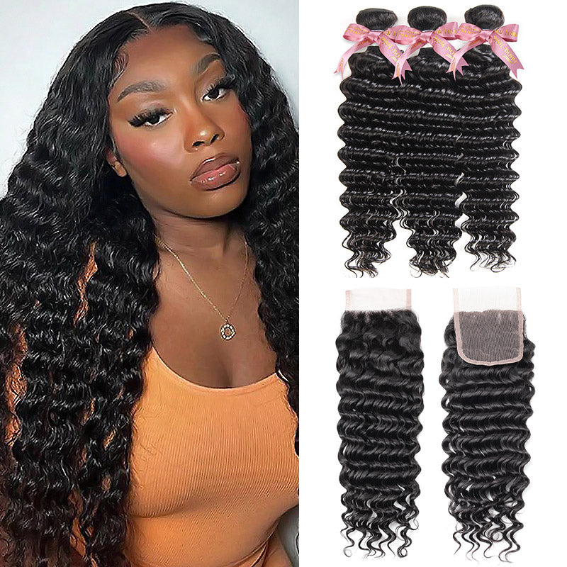 Loose Deep Wave Human Hair Bundles With HD Lace Closure On Display