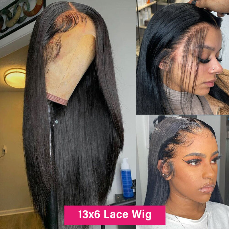 13X6 Lace Front Wig Displayed On Mannequin and Worn By Model, Brazilian Straight