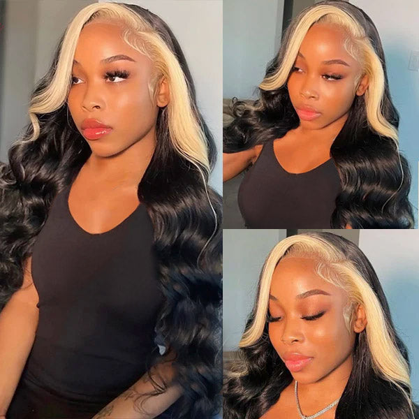 Woman modeling a Blonde Skunk Stripe Lace Wig with long black waves and blonde highlights, showcasing the 13x4 lace front wig in a middle part style.