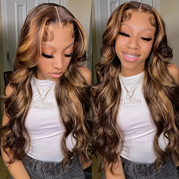 Model Showcasing P4/27 Highlighted Body Wave Lace Closure Hairstyle