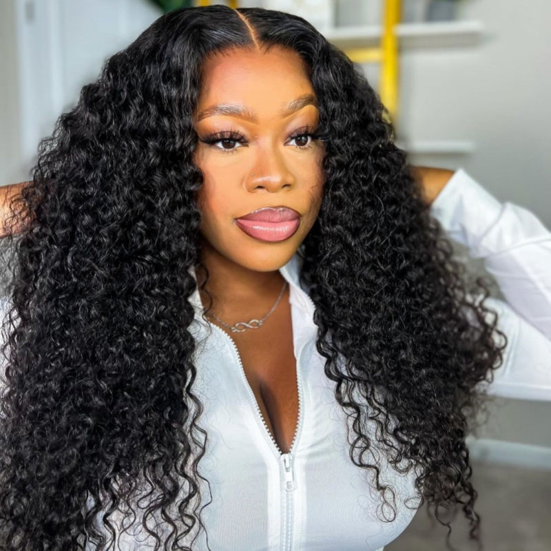 Composite image of a woman wearing long, deep wave V Part Wig made from human hair. The wig features a natural black color and deep wave pattern, emphasizing easy installation and minimal styling.