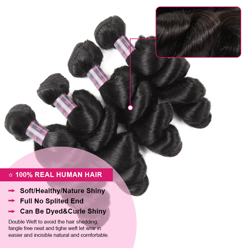 4 Bundles of Peruvian Loose Wave Hair Extensions in Natural Black Color