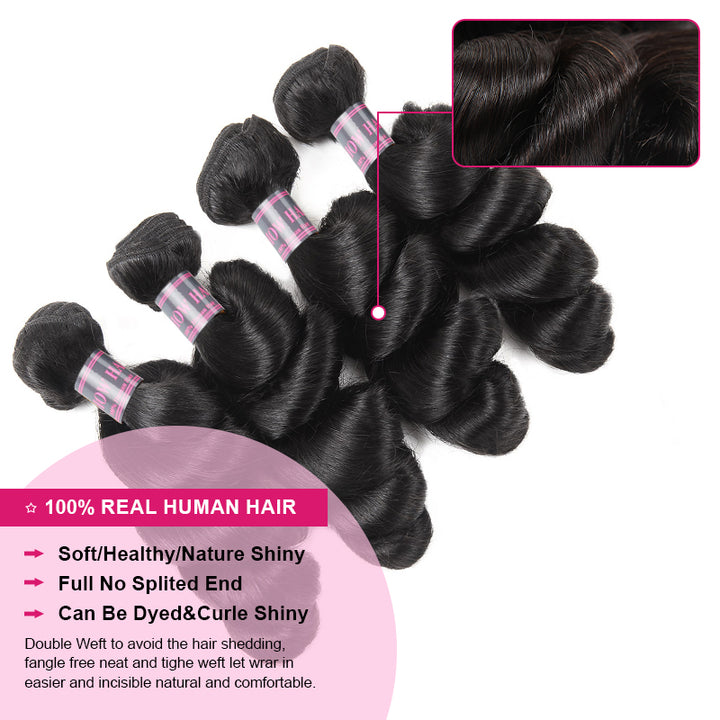 4 Bundles of Peruvian Loose Wave Hair Extensions in Natural Black Color