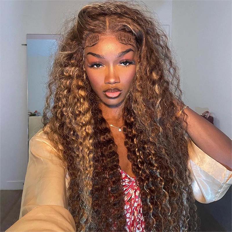 Model Displaying Deep Wave Honey Blonde Highlight Wig With Voluminous Curls