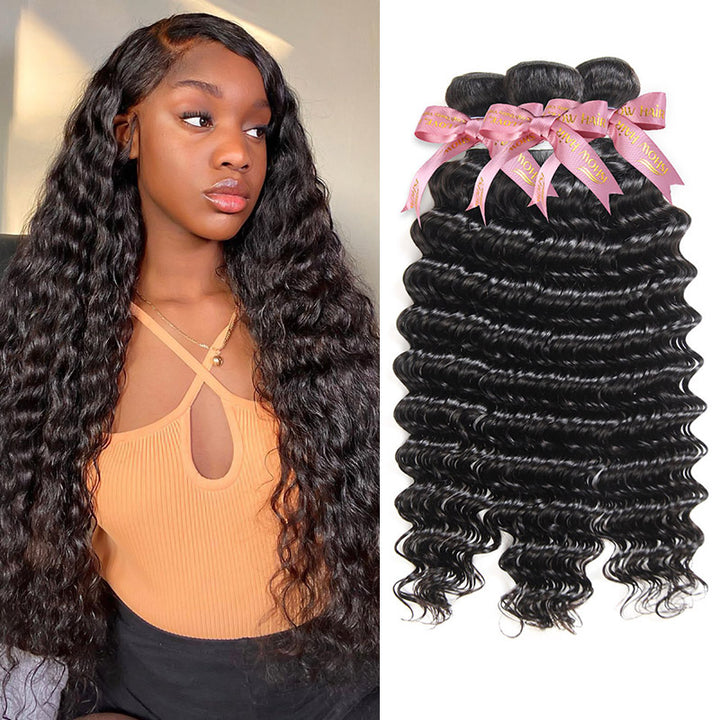 Model With Deep Wave Hairstyle Next to 3 Bundles of Human Hair Weave