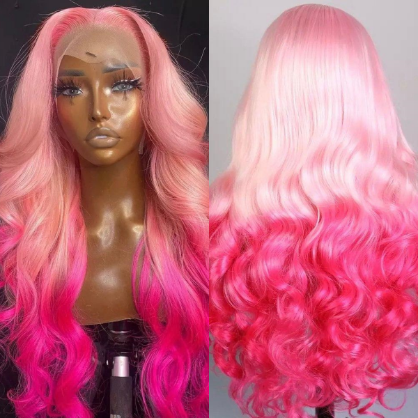 Glueless Body Wave Lace Frontal Wig in Rose Pink Ombre Style On a Model