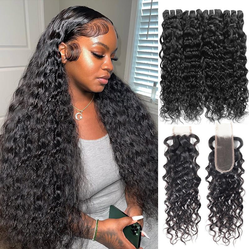 Water Wave Brazilian Hair Bundles With Closure