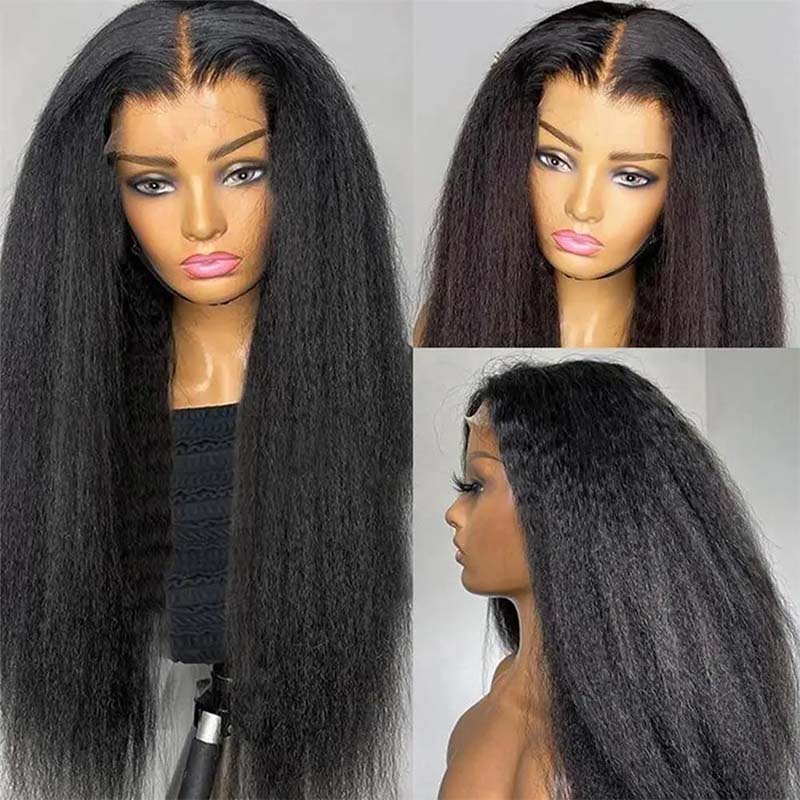 Kinky Straight Human Hair Wig Model Showing Volume and Natural Style From Different Angles