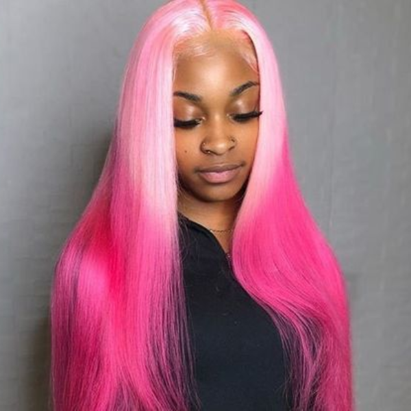 Model With Long Straight Barbie Pink Hair, Wearing a Black Top and Looking Down