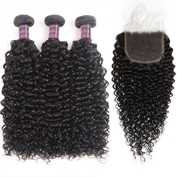 3 Bundles of Kinky Curly Hair With a 5X5 Lace Closure in Natural Black Color