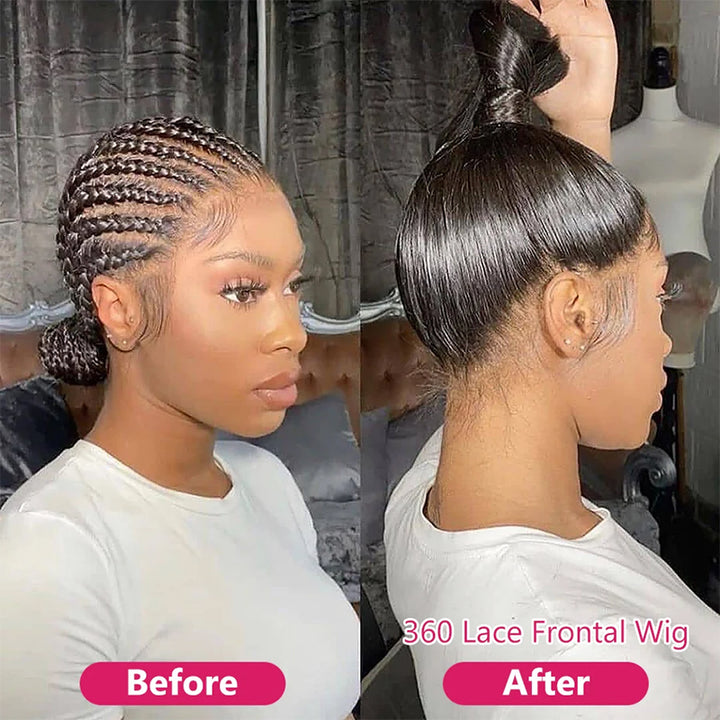 Before and After of Model Wearing 360 Lace Frontal Wig, Showcasing Sleek Straight Hair
