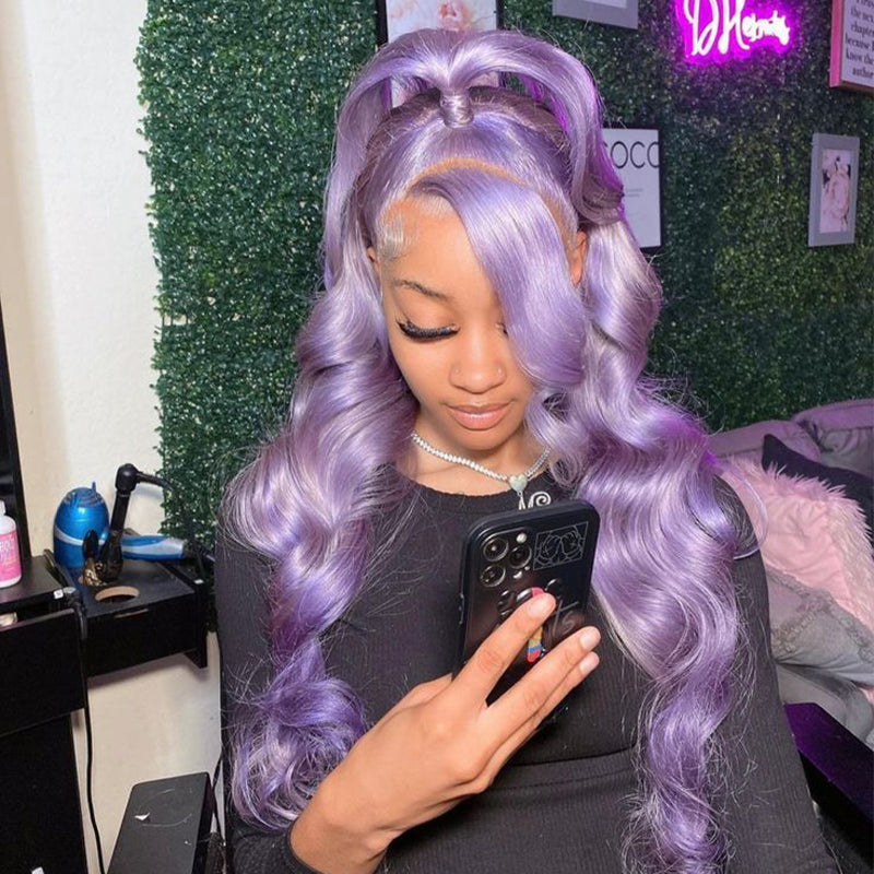 Model With Light Purple Body Wave Wig, Texting On Phone in Stylish Setting