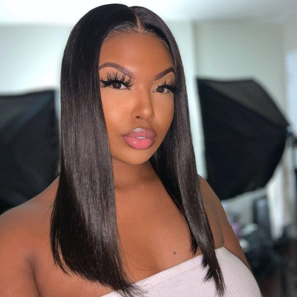 Model Displaying Sleek Natural Black Bob Wig With a Flawless Hairline